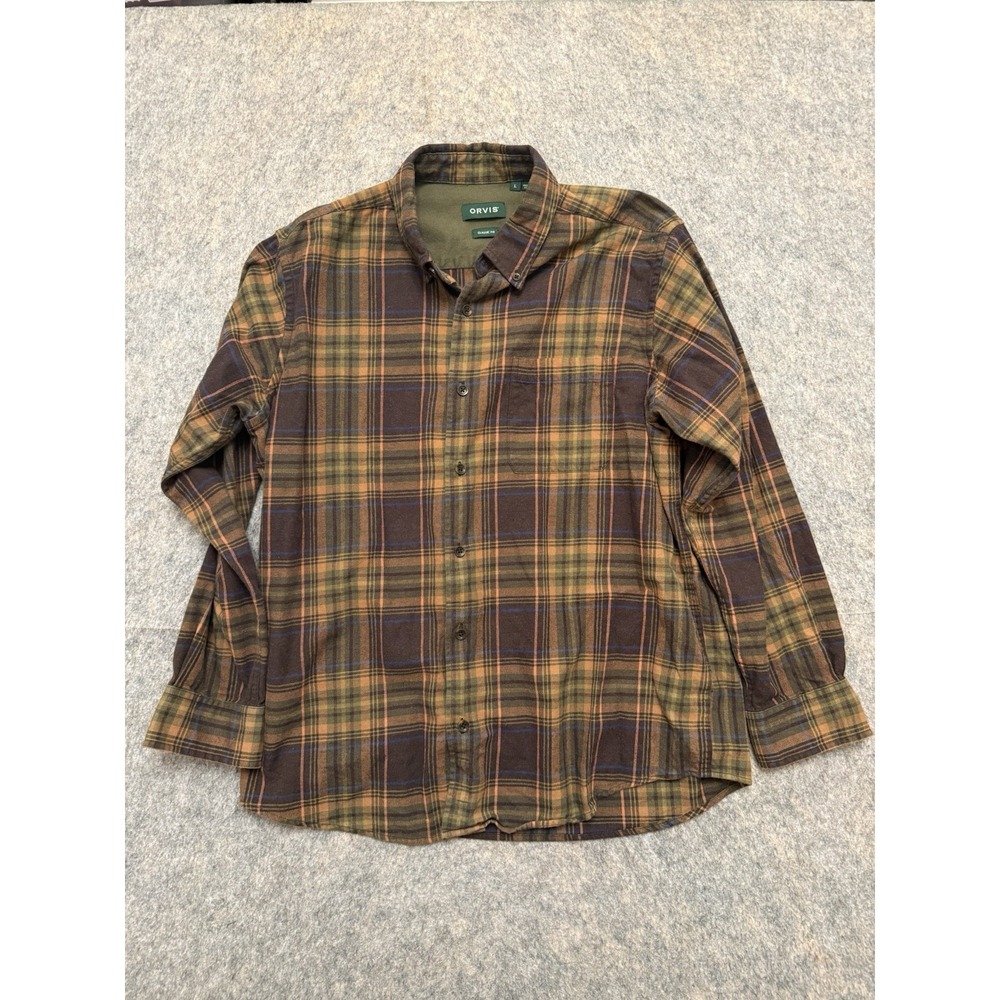 Orvis Regent Flannel Shirt Mens L Brown Plaid Classic Fit Long Sleeve Outdoor